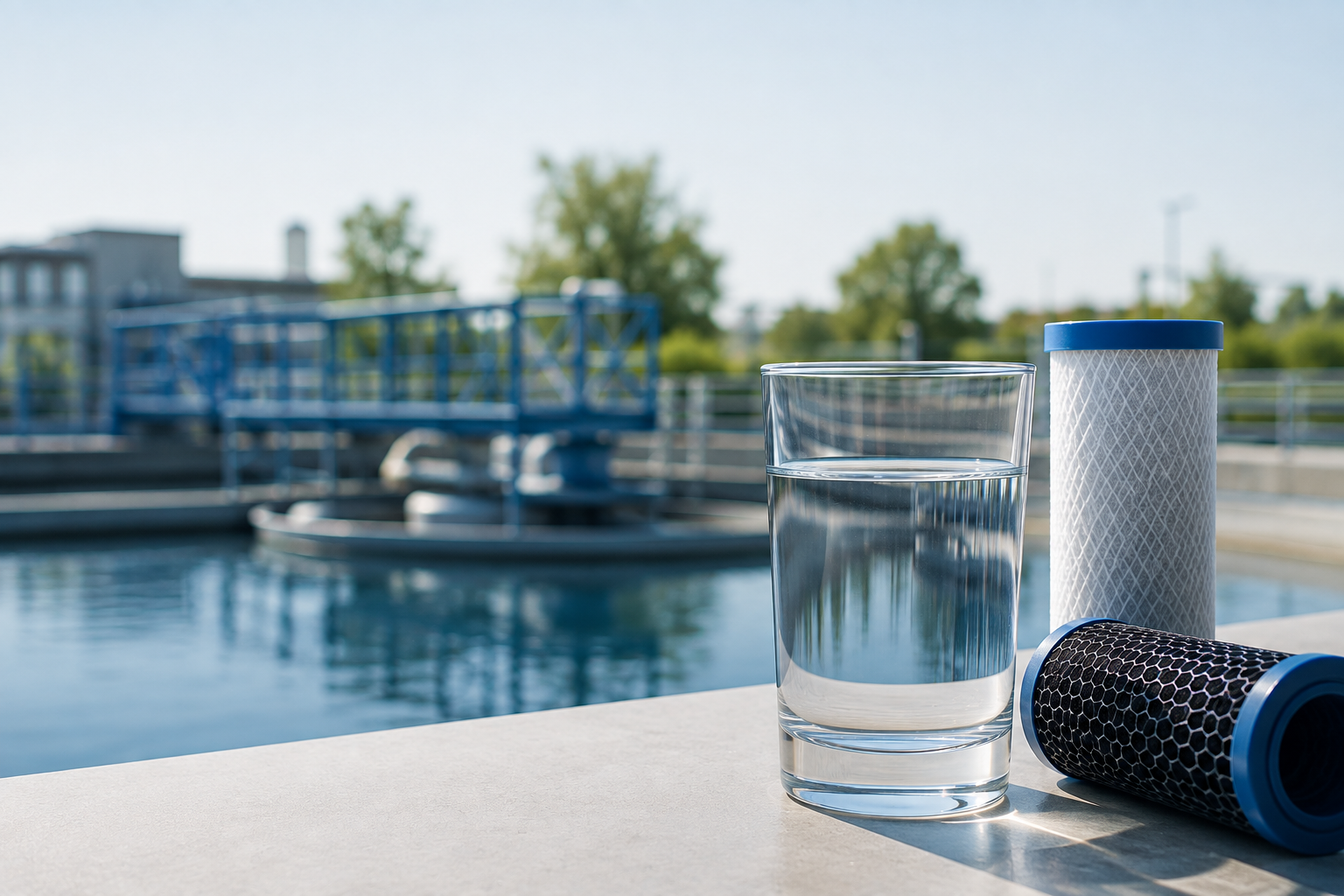 Glas mit klarem Wasser und zwei Filterkartuschen vor einer modernen Wasseraufbereitungsanlage.