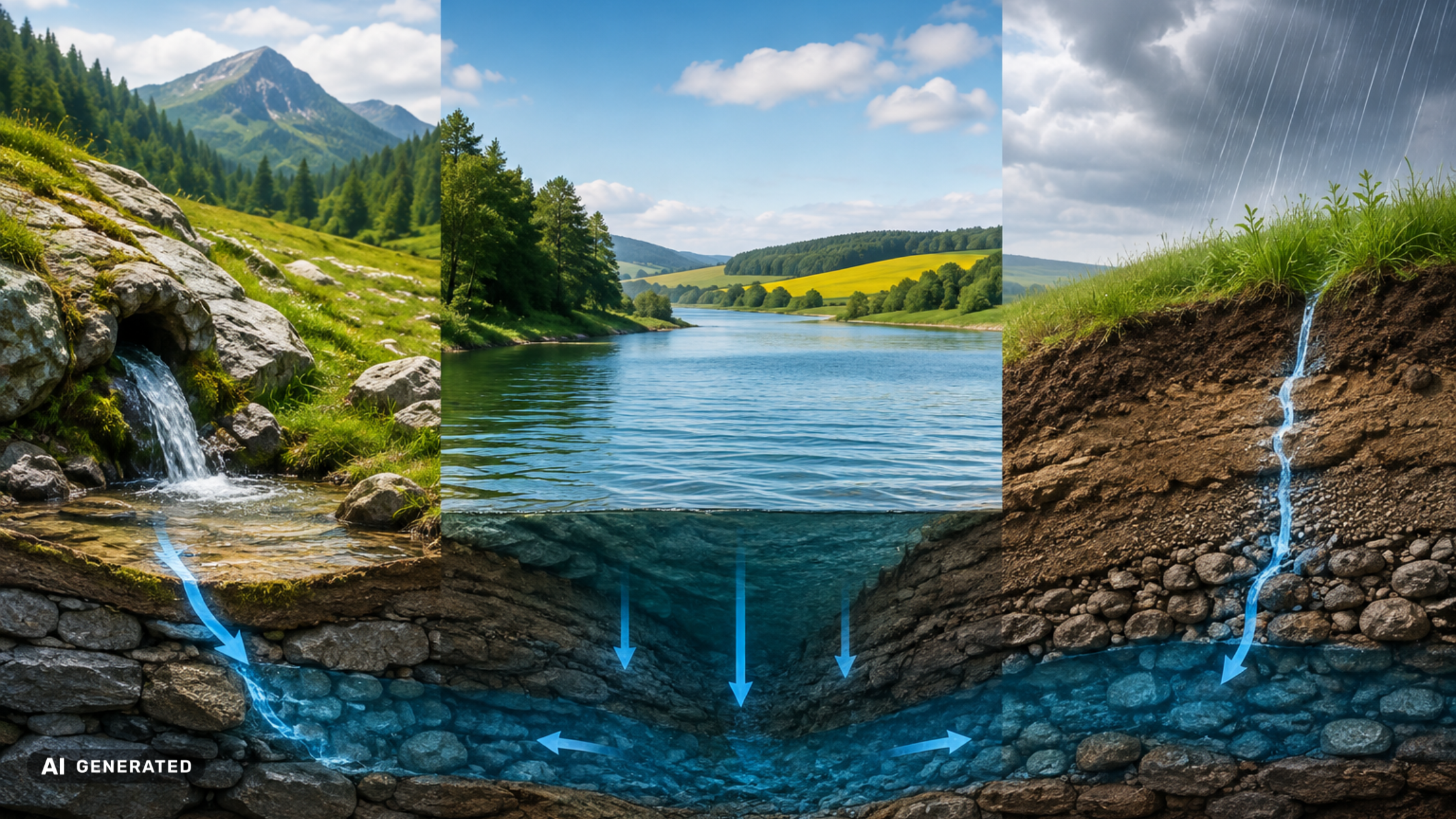 Comparison of spring water, surface water and groundwater showing rainfall infiltration through soil and rock into an underground aquifer.