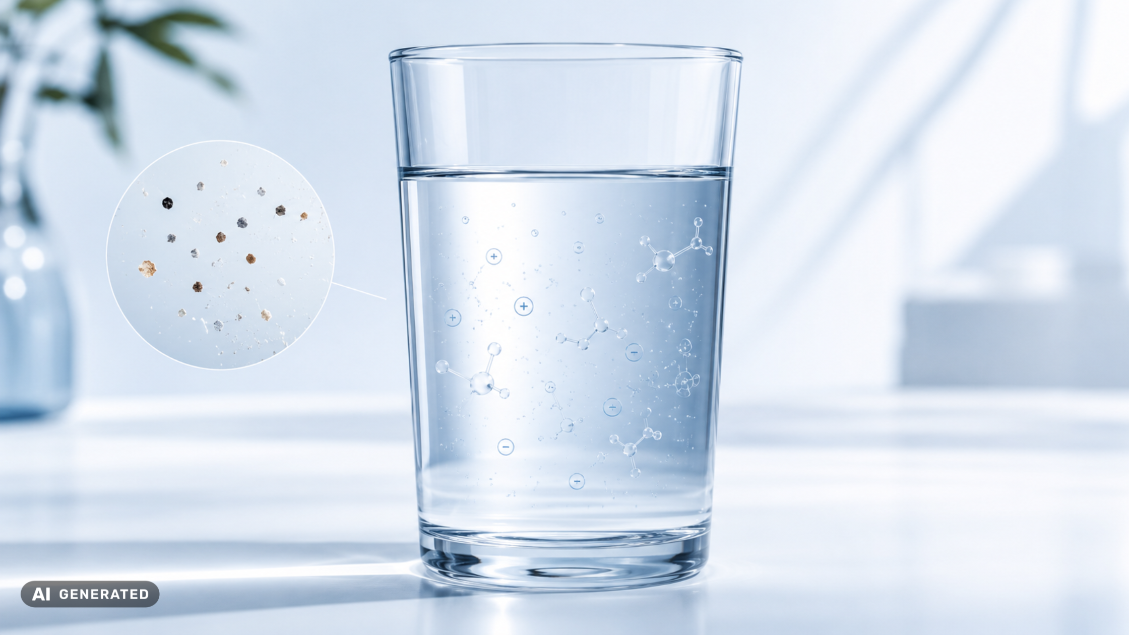Clear glass of drinking water showing invisible dissolved ions and molecules alongside a magnified view of suspended particles.