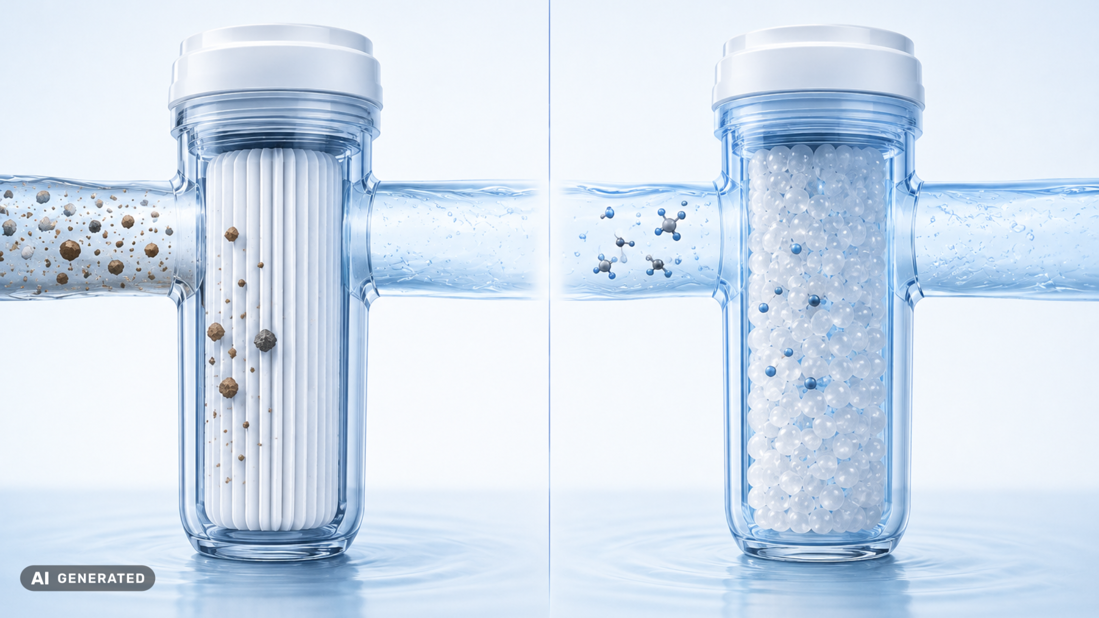 Comparison of mechanical water filtration and adsorption using a pleated particle filter and bead-based adsorptive filter media.