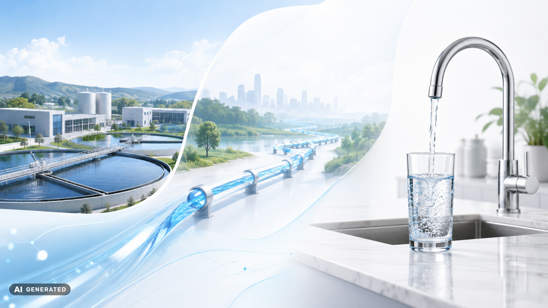Drinking water journey from a municipal water treatment plant through distribution pipes to a household tap.