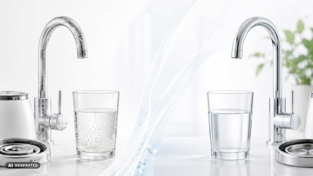 Comparison of hard and soft water with visible limescale on one faucet and a clean faucet and glass of water on the other.
