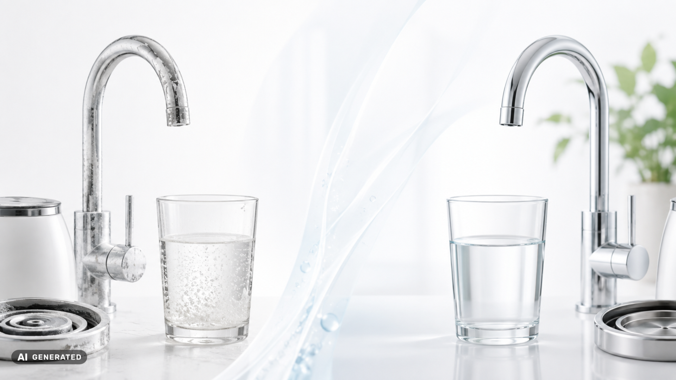 Comparison of hard and soft water with visible limescale on one faucet and a clean faucet and glass of water on the other.