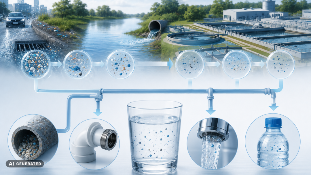 Microplastic pathways into drinking water from urban runoff and source water through treatment, distribution pipes, household taps and bottled-water packaging.