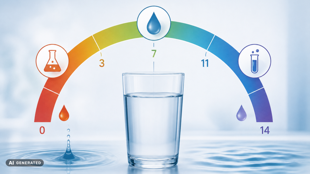 Glass of drinking water with a pH scale illustrating acidic, neutral and alkaline water conditions.