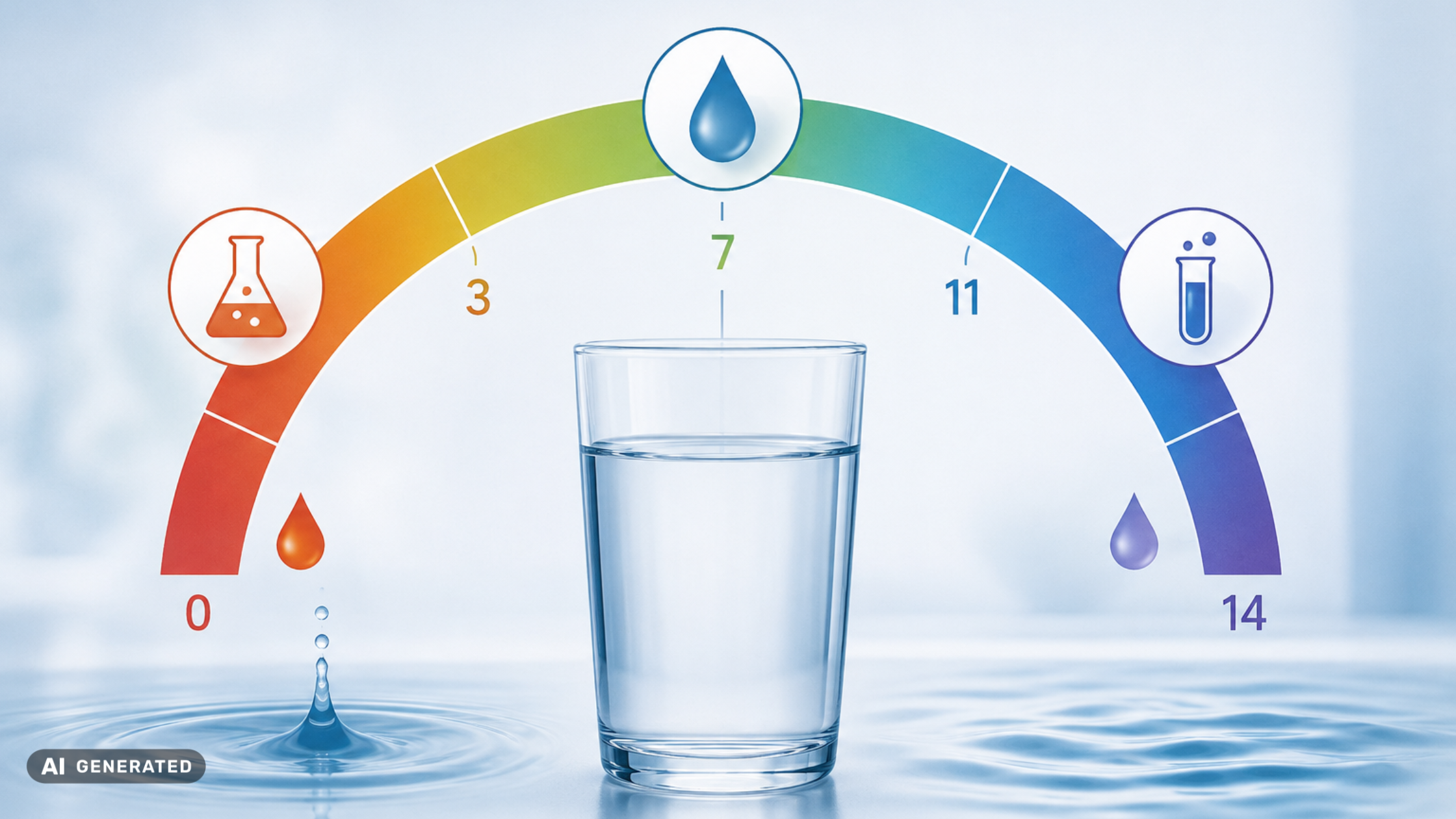 Glass of drinking water with a pH scale illustrating acidic, neutral and alkaline water conditions.