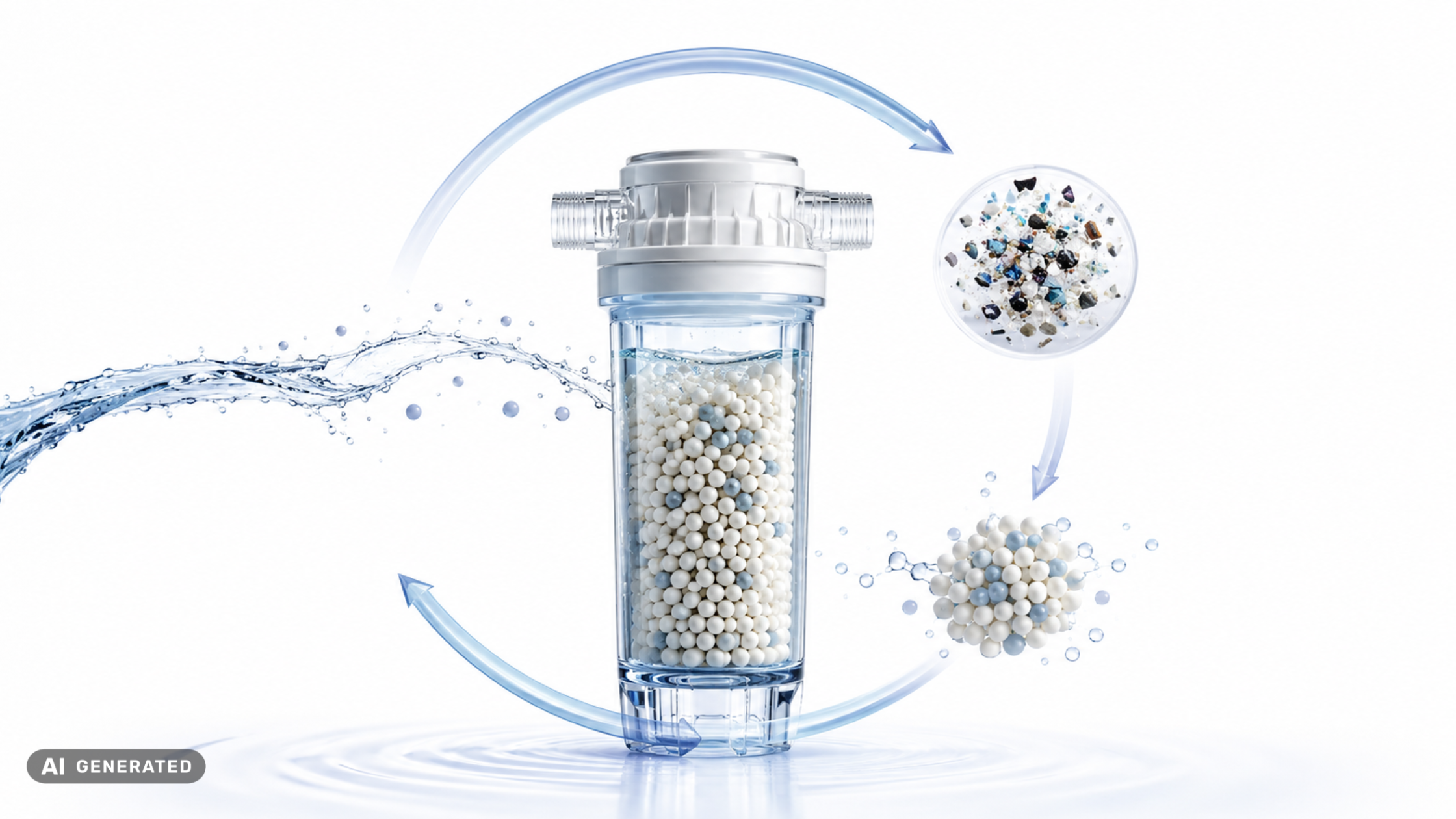 Circular water filtration concept showing reusable filter media, contaminant recovery and regeneration in a closed-loop filtration process.