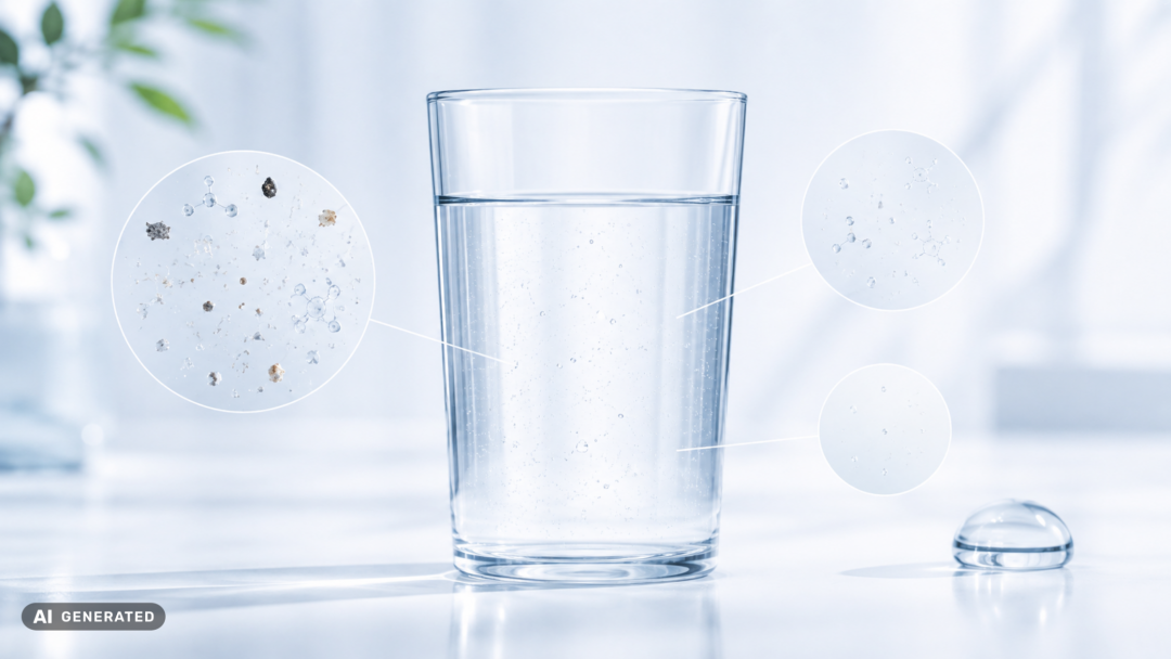 Clear glass of drinking water with magnified views of trace particles and molecules illustrating contaminants at very low concentrations.