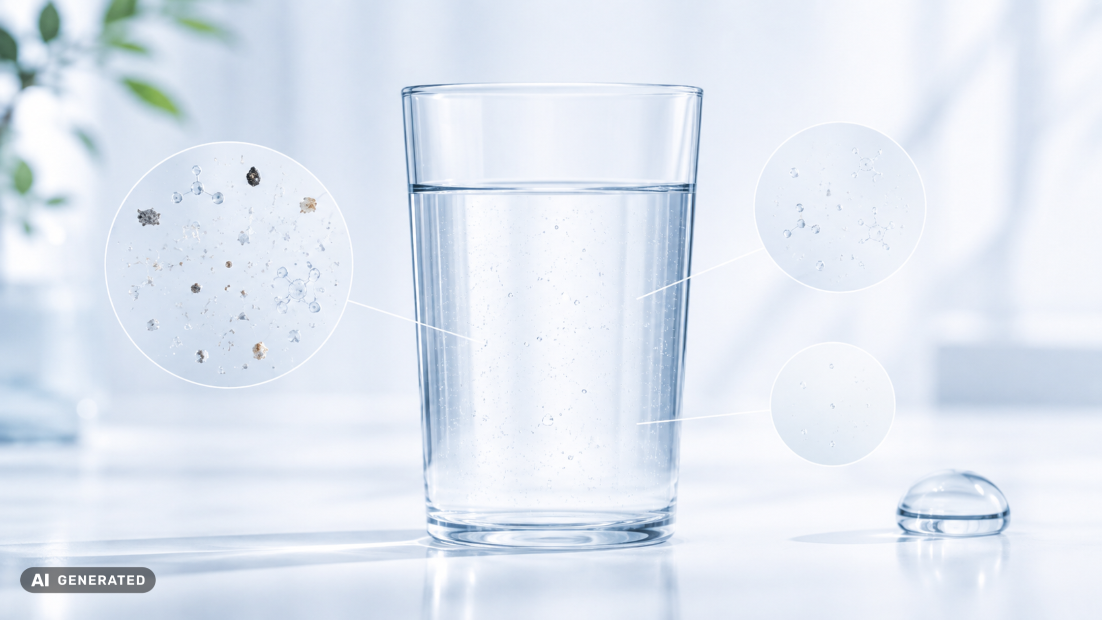 Clear glass of drinking water with magnified views of trace particles and molecules illustrating contaminants at very low concentrations.